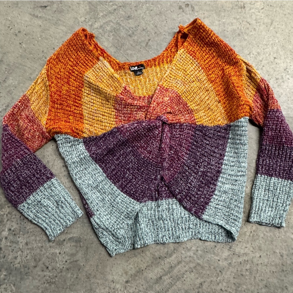 Love Chelsey Colorful Twist Knot Knit Sweater‎ Size L Boho Hippie Retro Y2k
